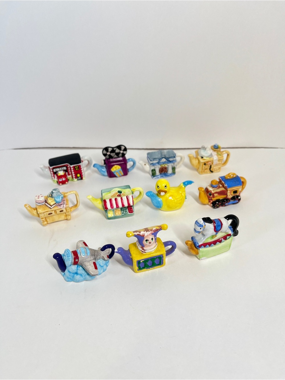 Vintage Red Rose Tea Mini Ceramic Teapot Figurine Lot (Chips) Airplane Train 90s